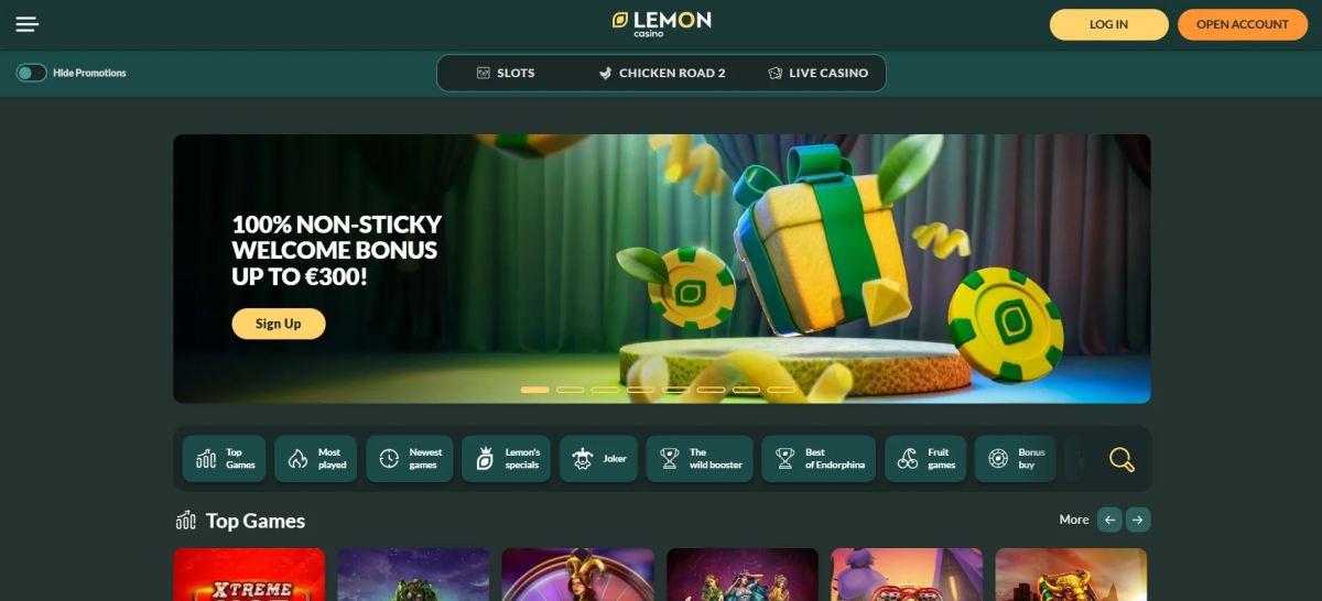 Lemon online casino South Africa – homepage view
